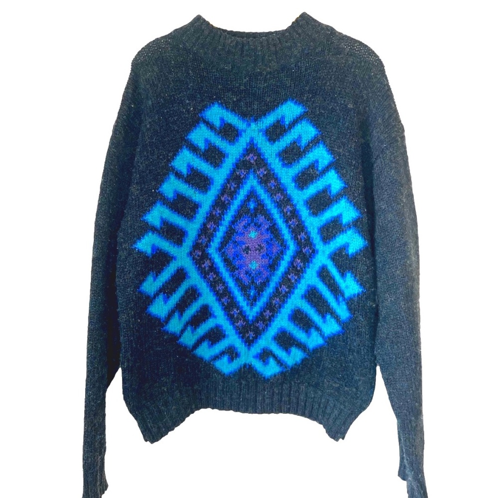 Vintage Concrete Mix Turquoise Aztec Pattern Acrylic Textured Mock Neck Sweater